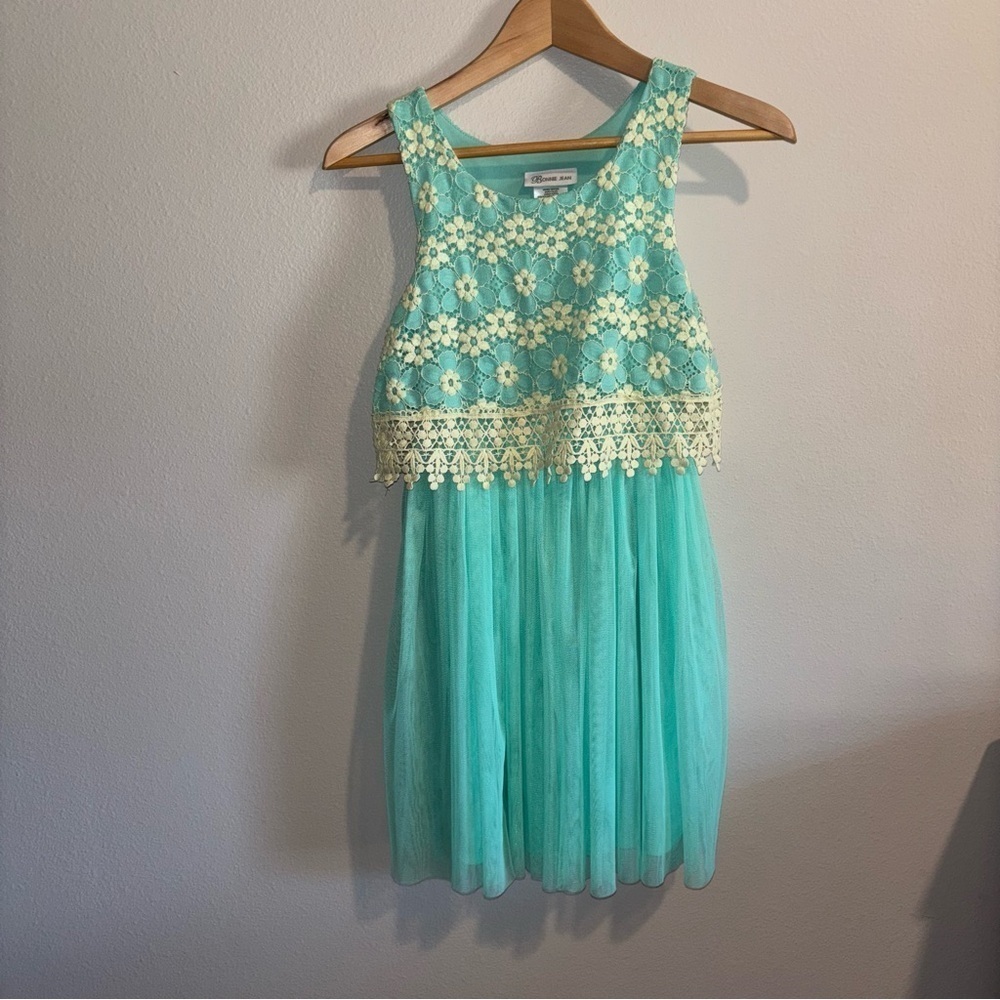 BONNIE JEAN Mint Green Lace Dress with tulle skirt